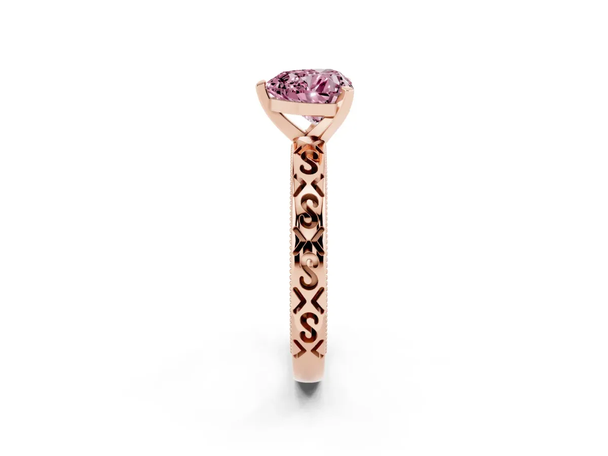 Fancy Pink Heart Cut Solitaire Engagement Ring with Scrollwork Band and Four-Prong Setting Rose gold