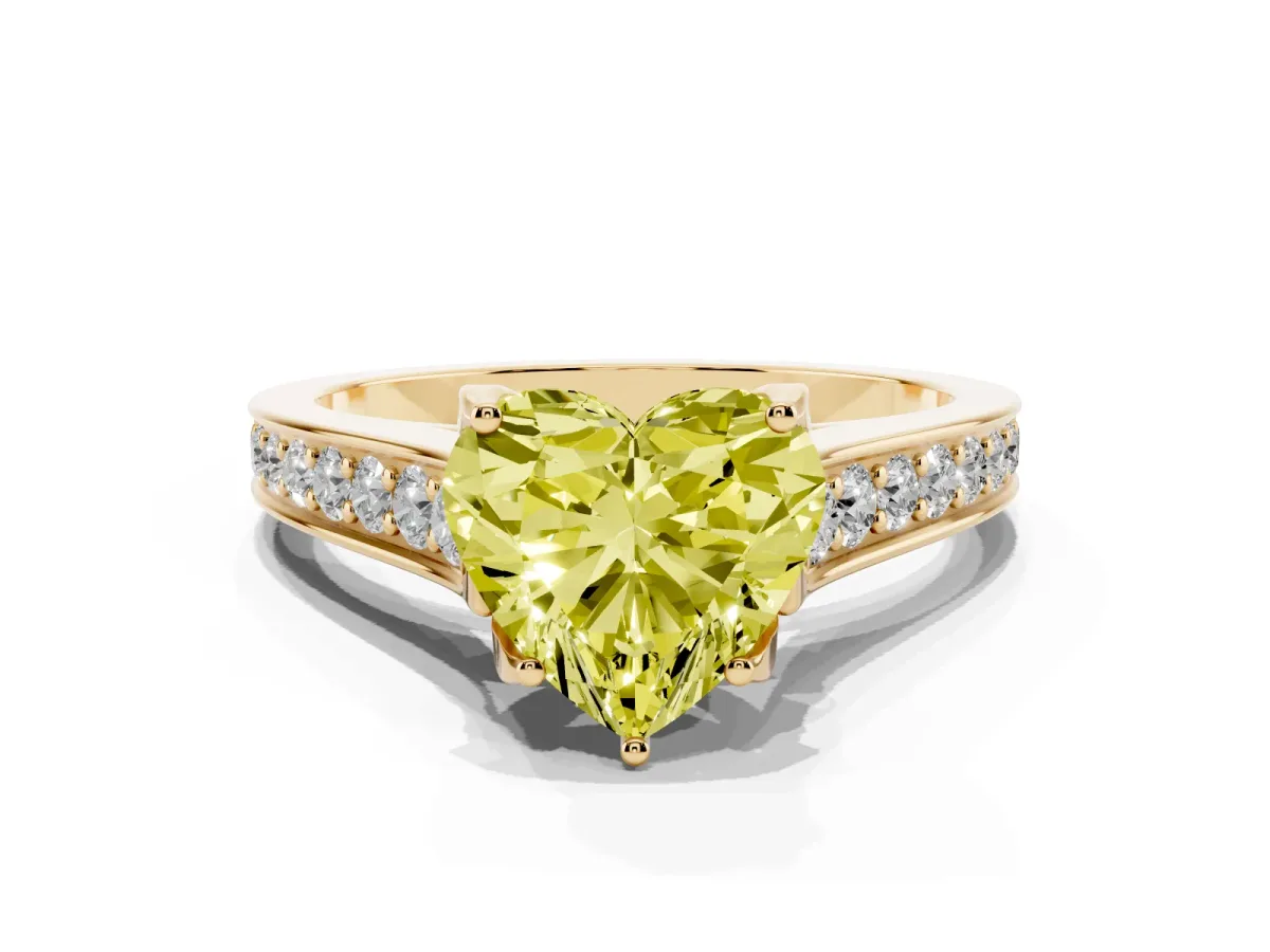 Fancy Yellow Heart Cut Brilliant Cut Diamond Engagement Ring with Pavé Band and Four-Prong Setting Yellow gold