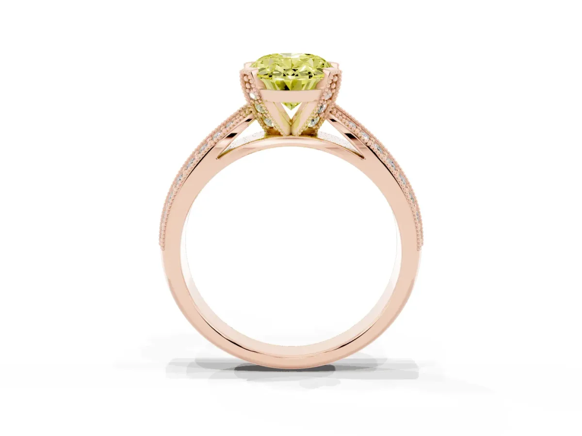 Fancy Yellow Oval Cut Diamond Solitaire Ring with Milgrain Round Pavé Band and Prong Setting Rose gold