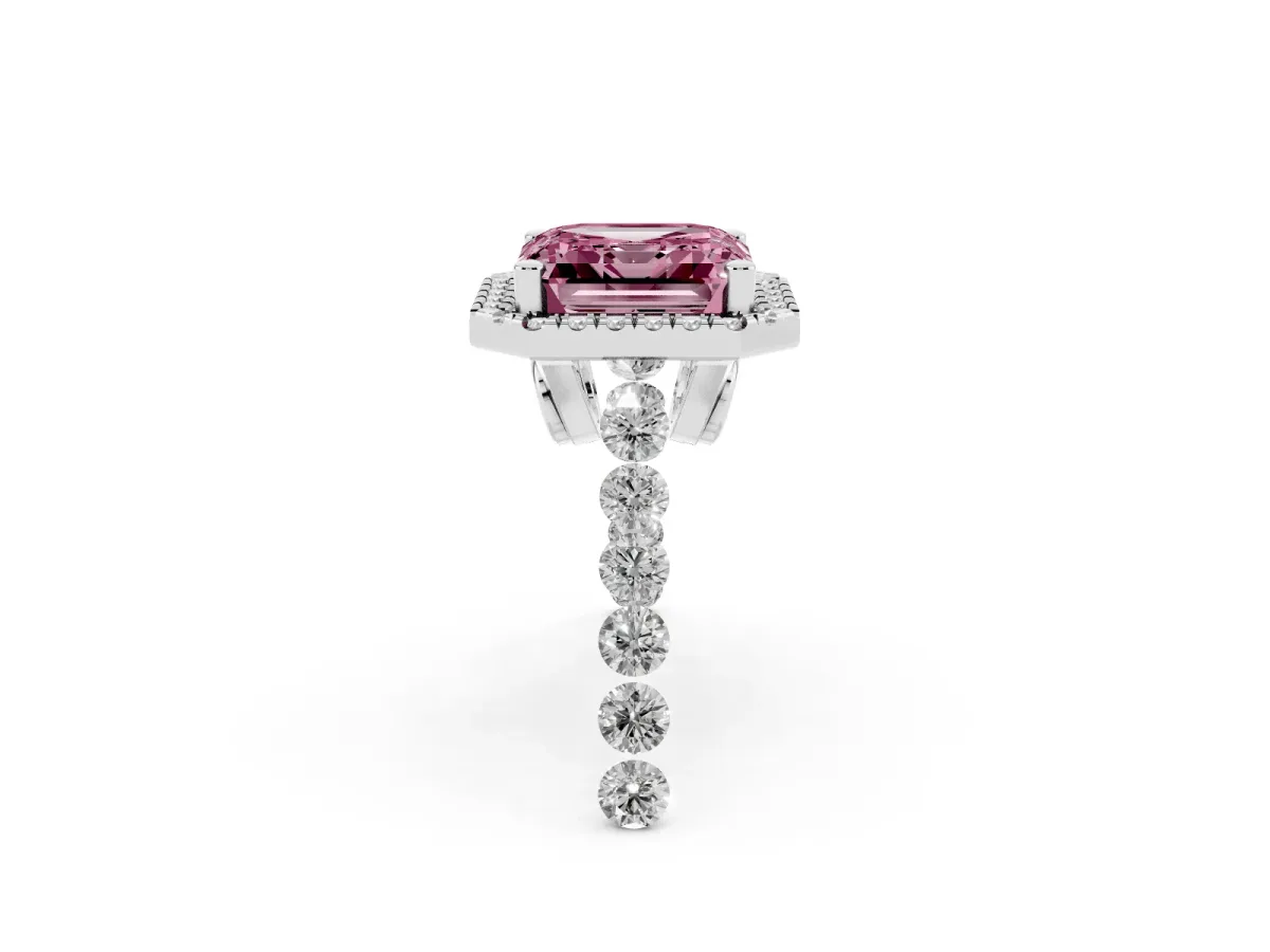 Fancy Pink Asscher Cut Halo Pavé Diamond Engagement Ring with Four-Prong Setting Platinum