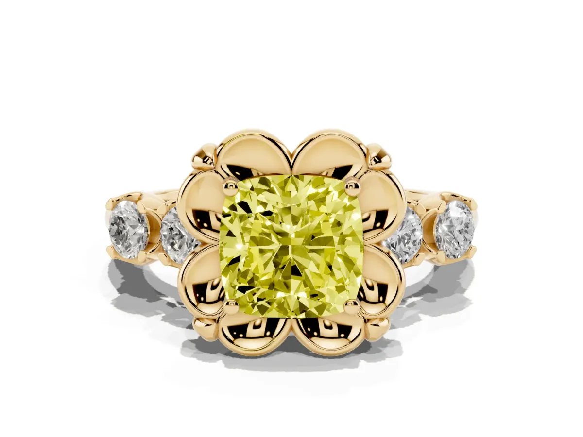 Fancy Yellow Cushion Cut Cut Diamond Floral Halo Engagement Ring with Shared Prong Setting Yellow gold