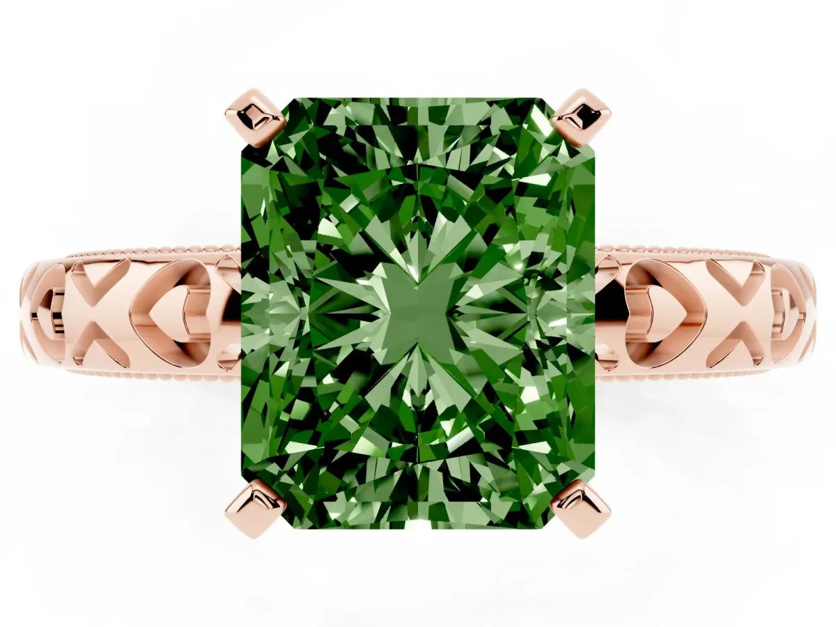Fancy Green Radiant Cut Solitaire Diamond Engagement Ring with XO Engraved Band and Four-Prong Setting Rose gold