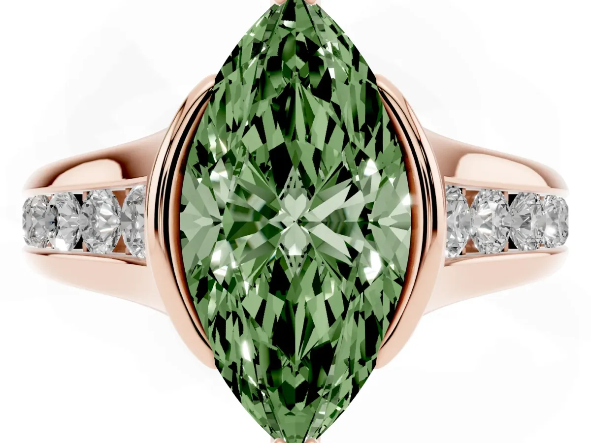 Fancy Green Marquise Cut Solitaire Bezel-Set Diamond Ring with Channel-Set Band Rose gold