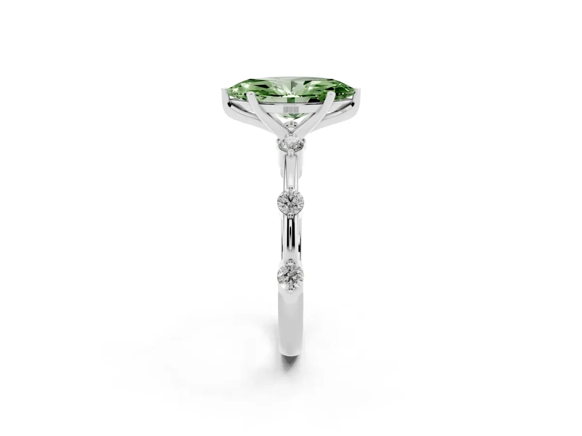 Fancy Green Marquise Cut Solitaire Diamond Ring with Bezel Set Side Stones and Prong Setting Silver