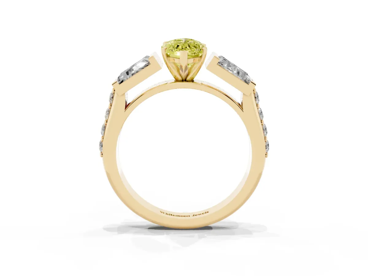 Fancy Yellow Marquise Cut Diamond Engagement Ring with Baguette Side Stones and Channel Set Band Yellow gold