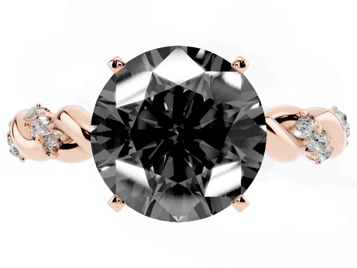 Fancy Black Round Cut Diamond Solitaire Ring with Twisted Band and Pavé Accents Rose gold