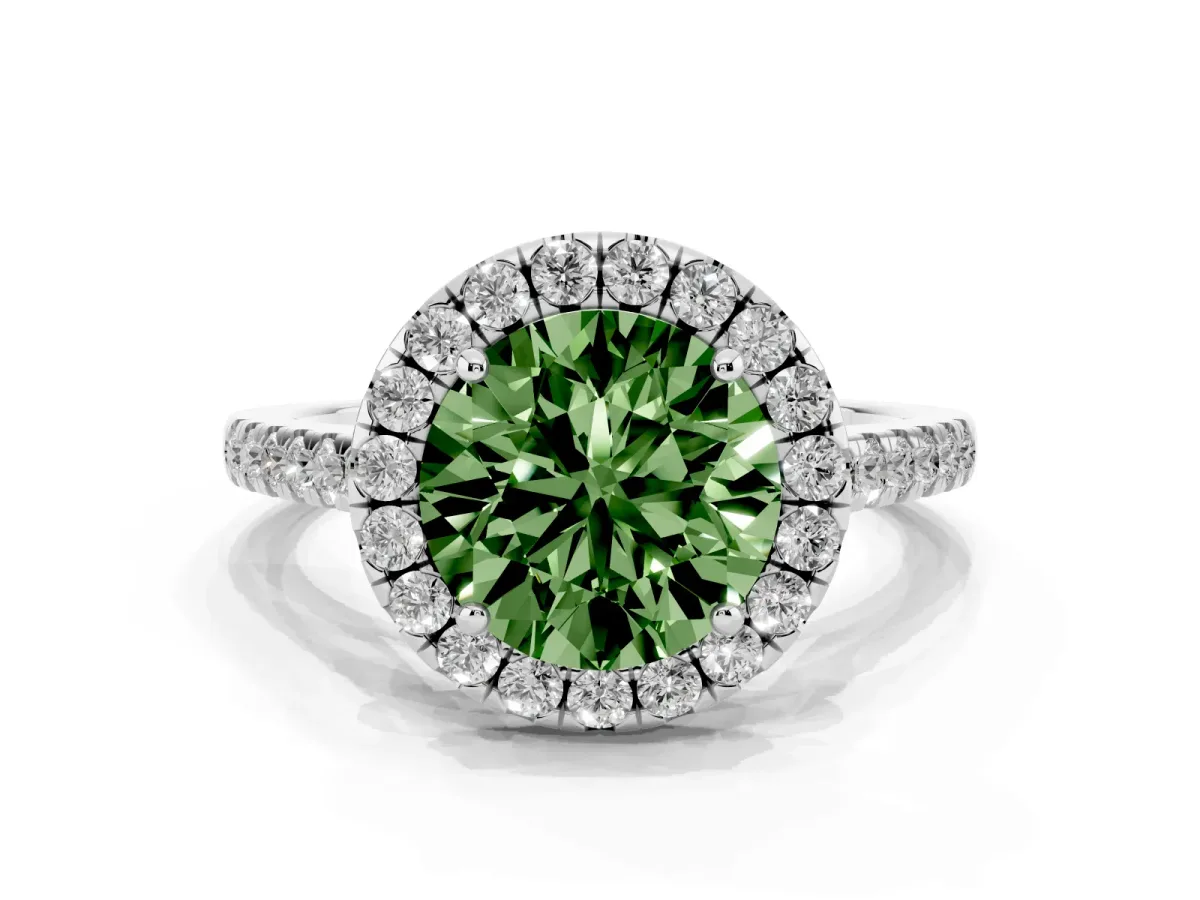 Fancy Green Round Cut Halo Pave Diamond Engagement Ring with Four-Prong Setting White gold
