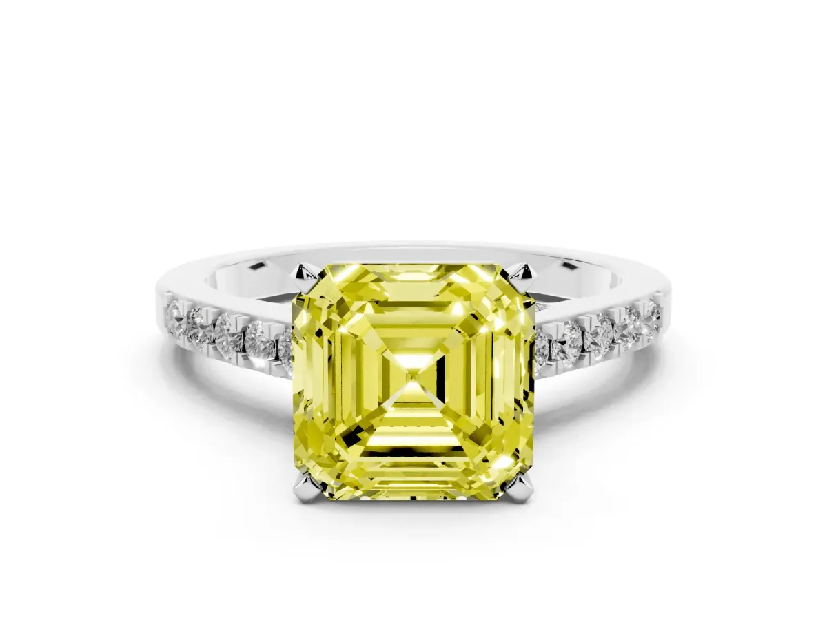 Fancy Yellow Asscher Cut Diamond Solitaire Ring with Crossover Gallery and Round Pavé Band Platinum