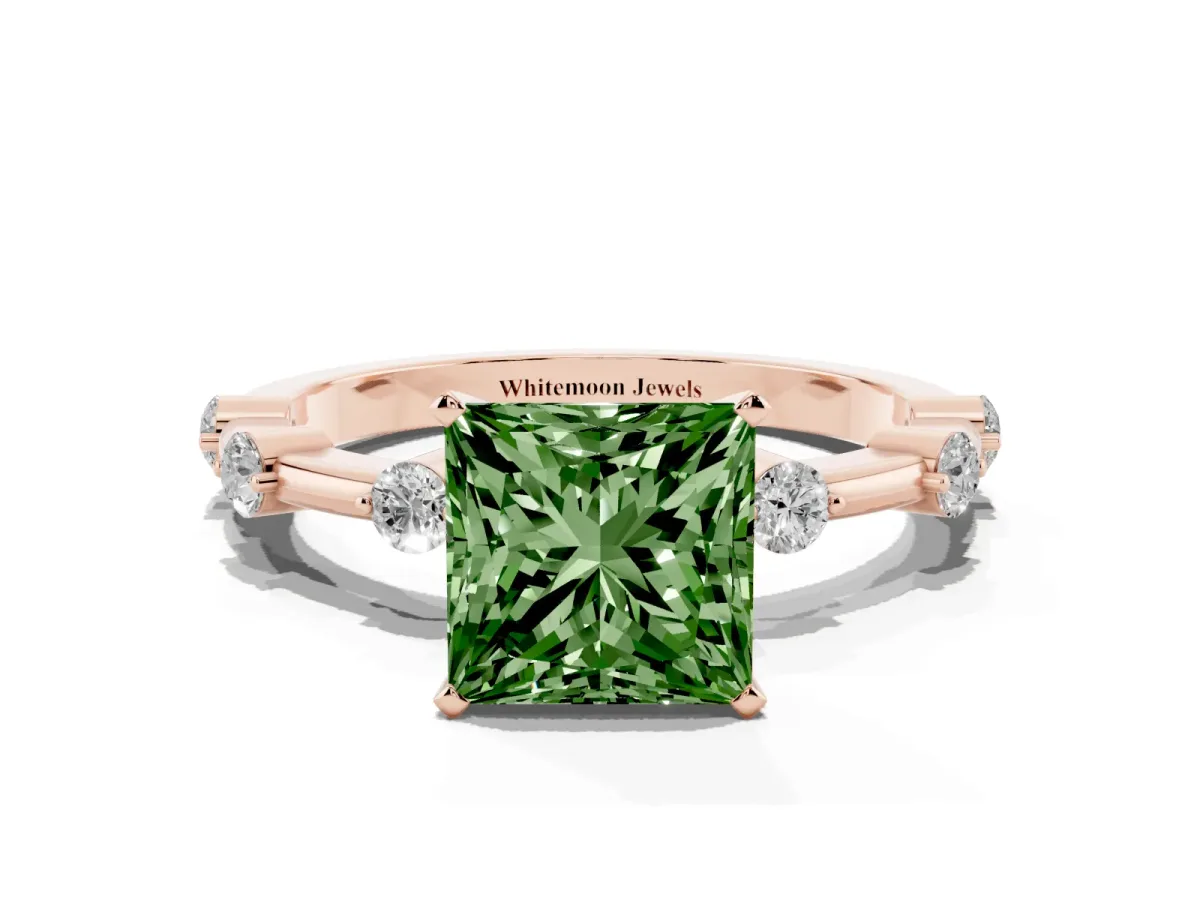 Fancy Green Princess Cut Solitaire Diamond Ring with Bezel Set Side Stones and Prong Setting Rose gold