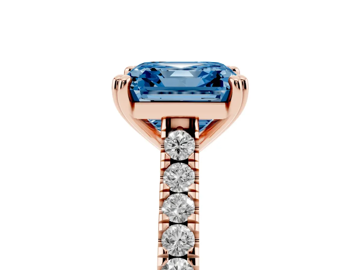 Fancy Blue Asscher Cut Solitaire Pave Diamond Engagement Ring with Prong Setting Rose gold