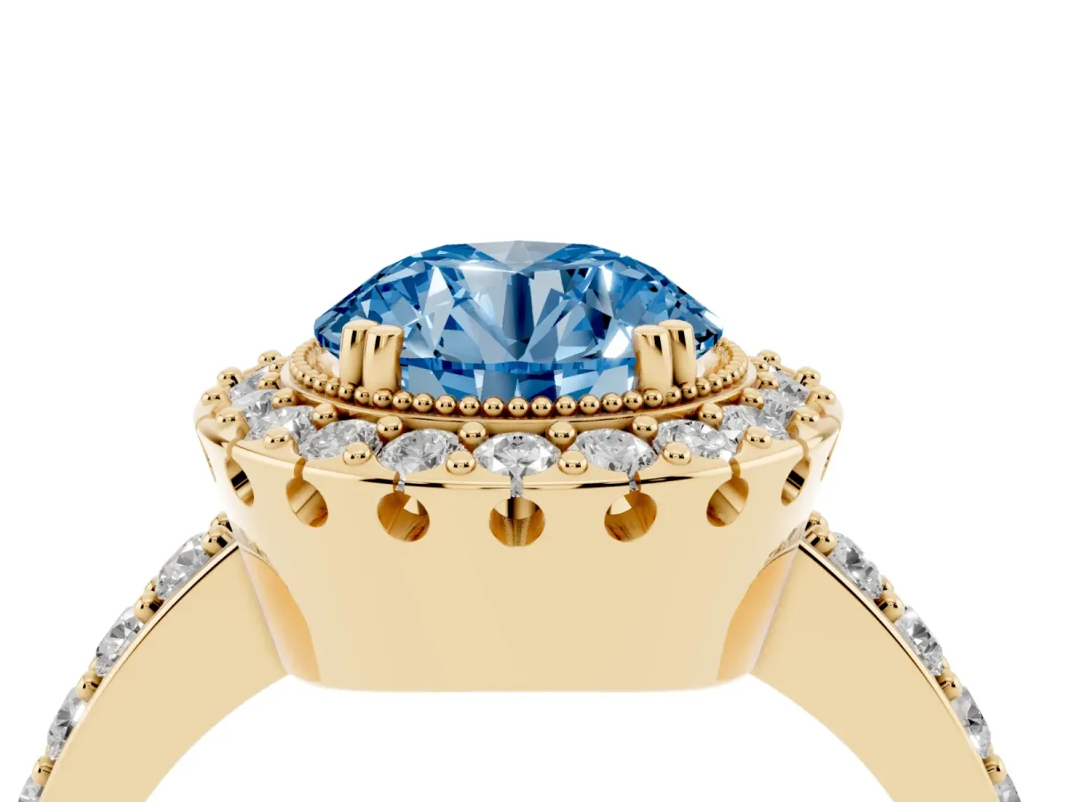 Fancy Blue Round Cut Diamond Halo Ring with Pavé Band and Prong Setting Yellow gold
