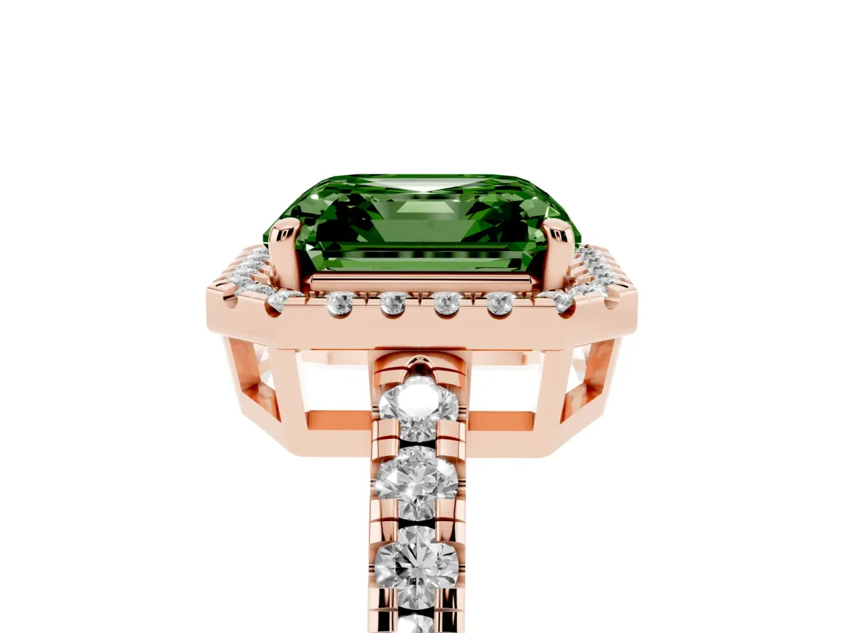 Fancy Green Asscher Cut Diamond Halo Ring with Pavé Band and Four-Prong Setting Rose gold