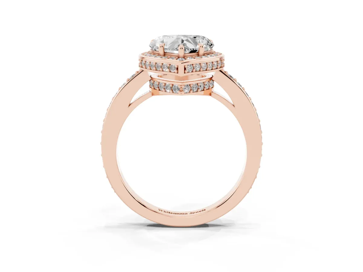 Heart Cut Halo Pave Band Solitaire Ring with Prong Setting Rose gold
