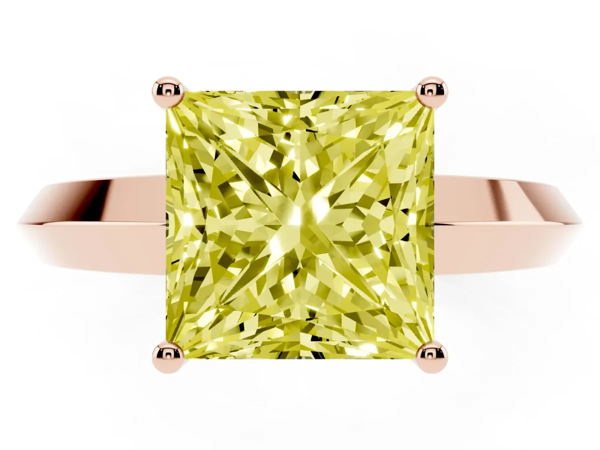Fancy Yellow Princess Cut Cut Solitaire Engagement Ring with Flat Band and Four-Prong Setting Rose gold