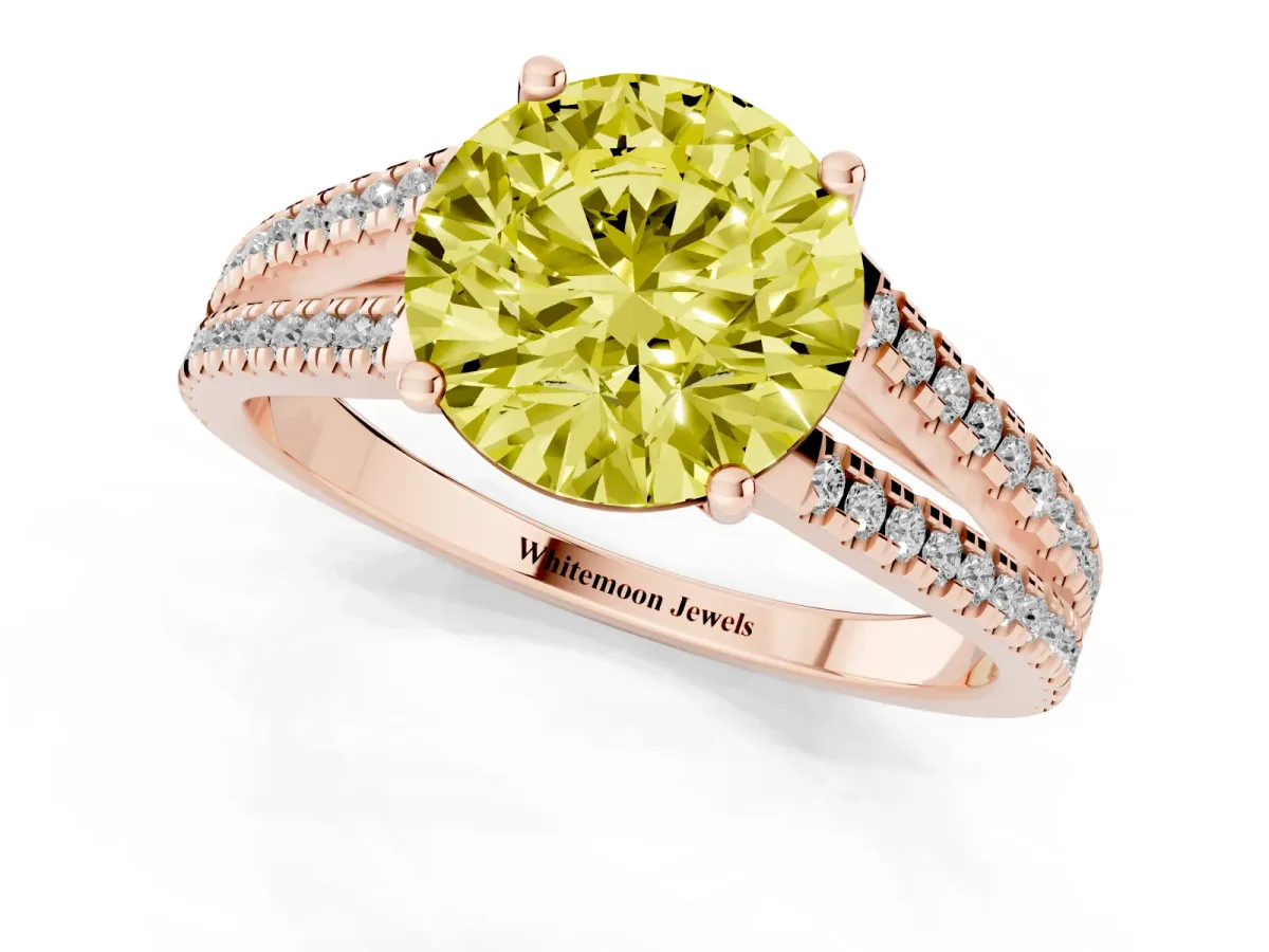 Fancy Yellow Round Cut Diamond Solitaire Engagement Ring with Split Shank Pavé Band Rose gold