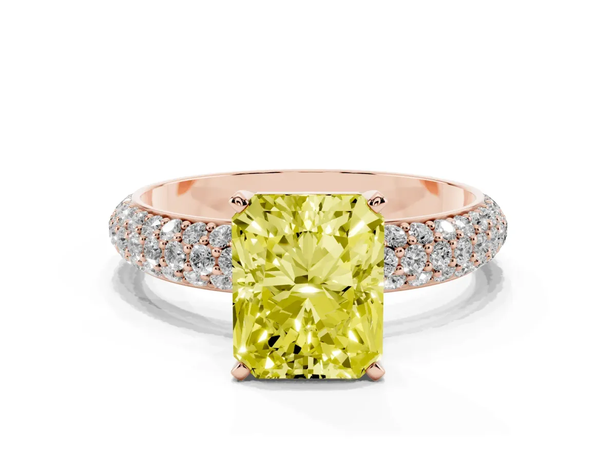 Fancy Yellow Radiant Cut Diamond Solitaire Ring with Prong Setting and Pavé Band Rose gold
