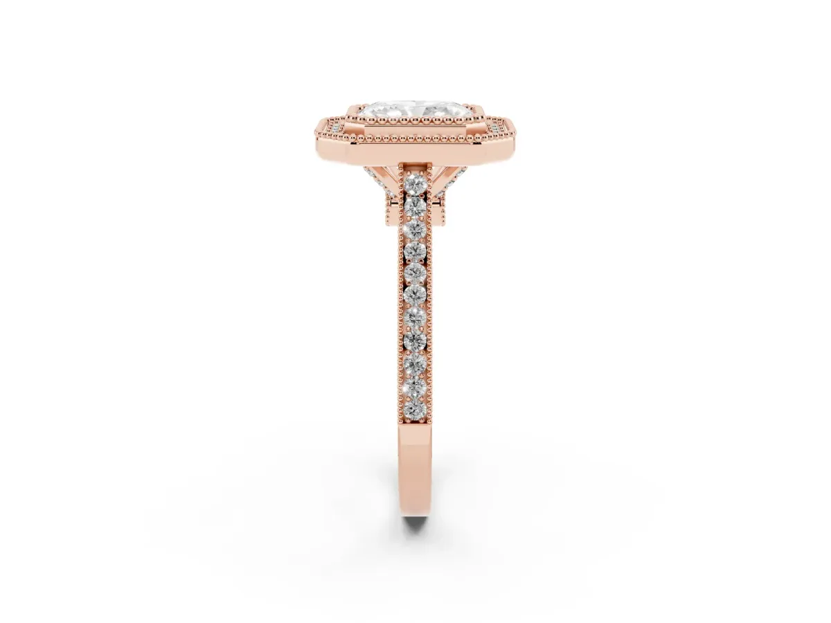 Radiant Cut Diamond Halo Ring with Milgrain Frame and Pavé Band Rose gold