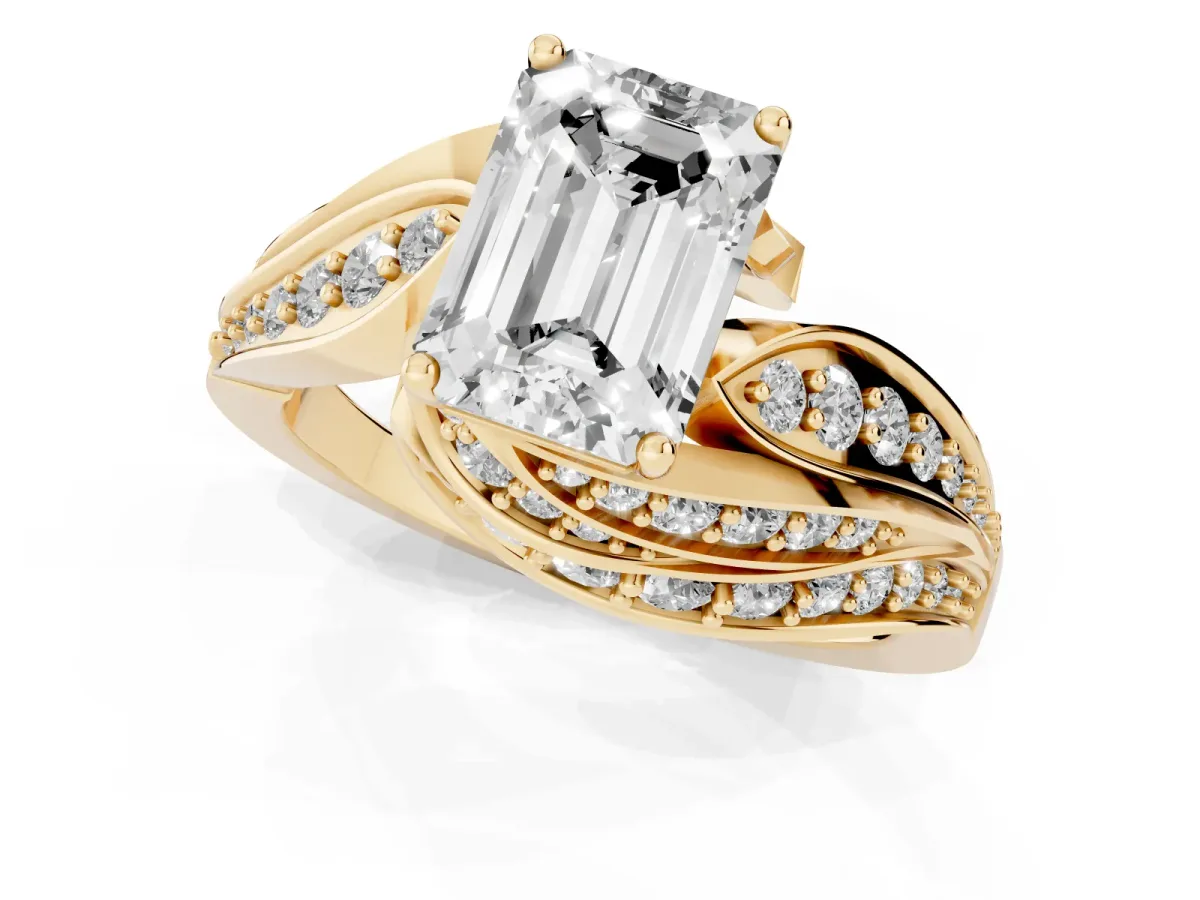 Emerald Cut Diamond Solitaire Ring with Prong Setting and Twisted Pavé Band Yellow gold