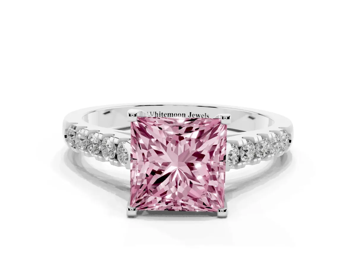 Fancy Pink Princess Cut Diamond Pavé Band Solitaire Ring with Prong Setting Platinum