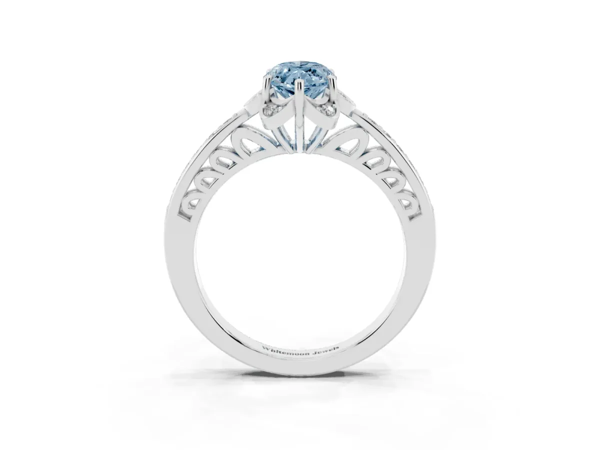 Fancy Blue Marquise Cut Cut Halo Diamond Ring with Channel Set Band and Four-Prong Setting White gold