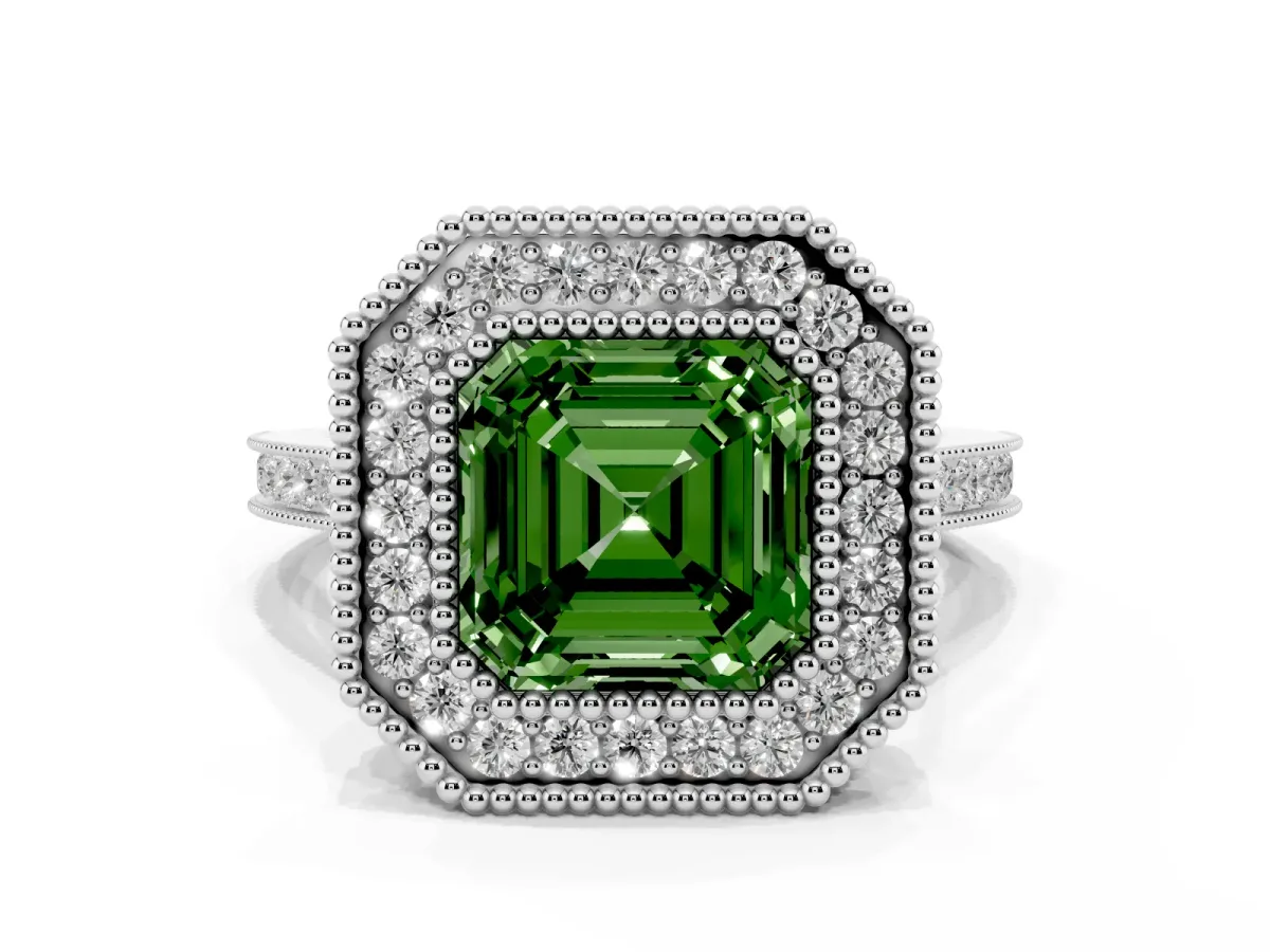 Fancy Green Asscher Cut Diamond Halo Ring with Milgrain Frame and Pavé Band White gold