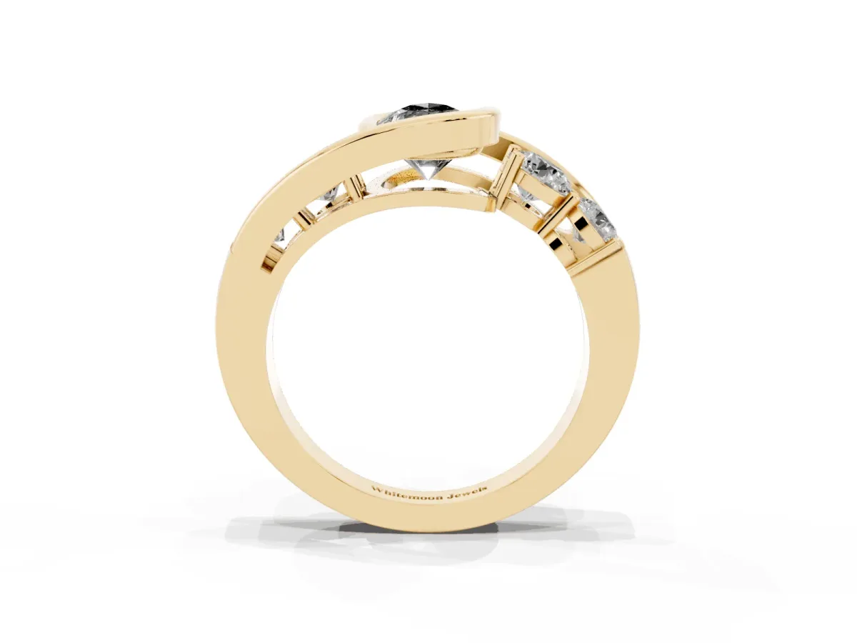 Fancy Black Bezel Set Pear Cut Diamond Bypass Ring with Round Accents Yellow gold