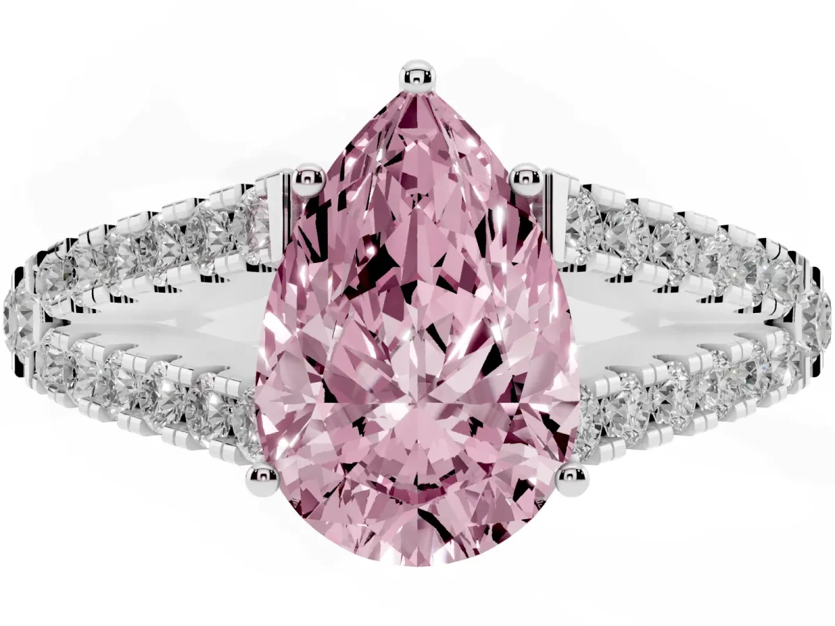 Fancy Pink Pear Cut Diamond Split Shank Engagement Ring with Round Pavé and Prong Setting Platinum