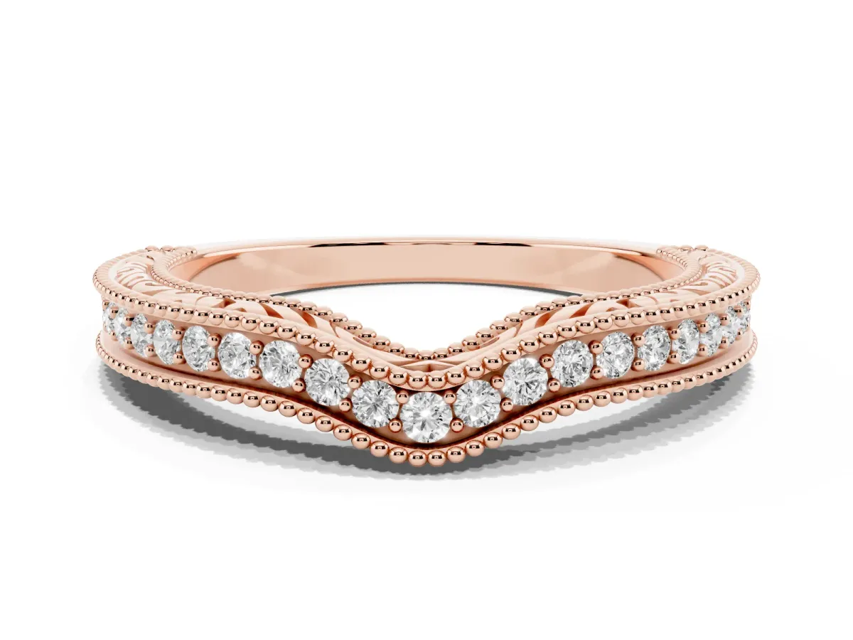 Pave Round Diamond Curved Milgrain Band Rose gold