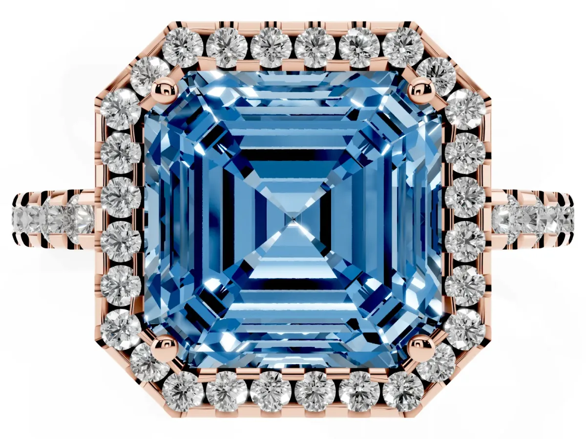 Fancy Blue Asscher Cut Diamond Halo Engagement Ring with Pavé Band and Prong Setting Rose gold