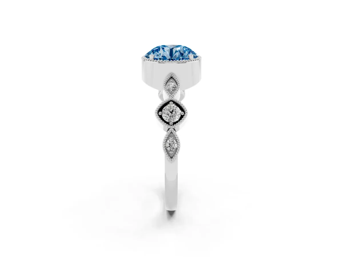 Fancy Blue Round Cut Diamond Vintage Milgrain Ring with Round Stations Silver