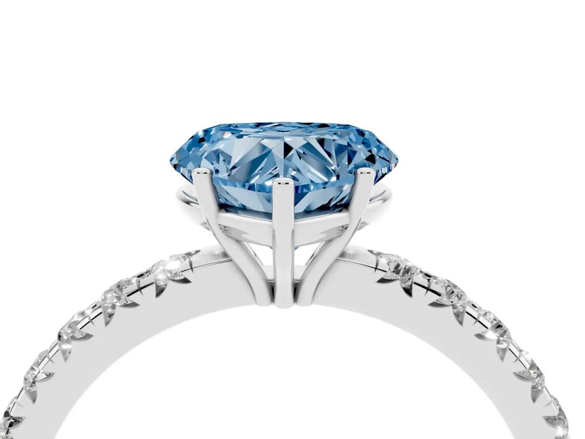 Fancy Blue Heart Cut Diamond Pavé Solitaire Engagement Ring with Four-Prong Setting Silver
