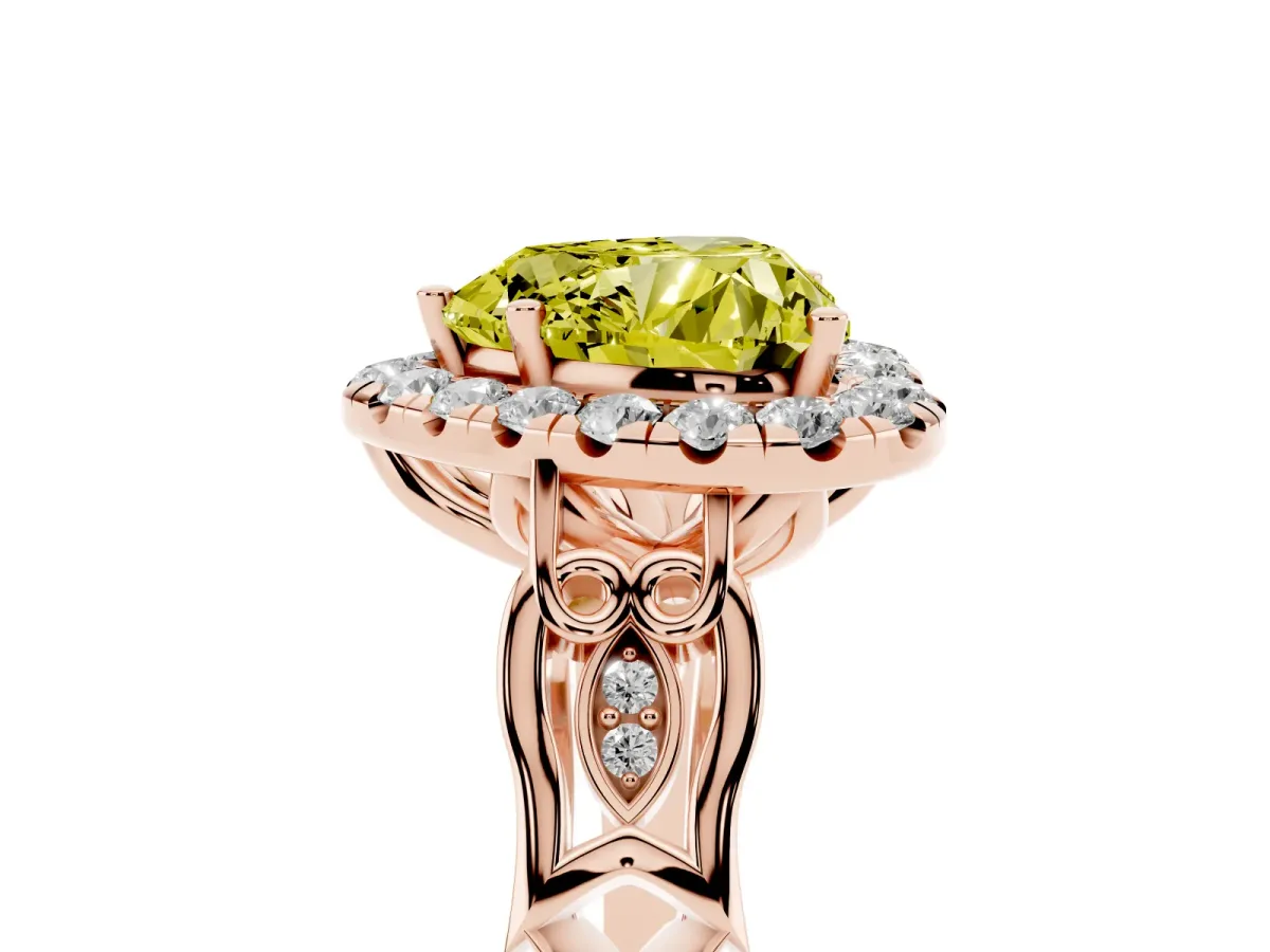 Fancy Yellow Heart Cut Halo Diamond Engagement Ring with Filigree Band and Four-Prong Setting Rose gold