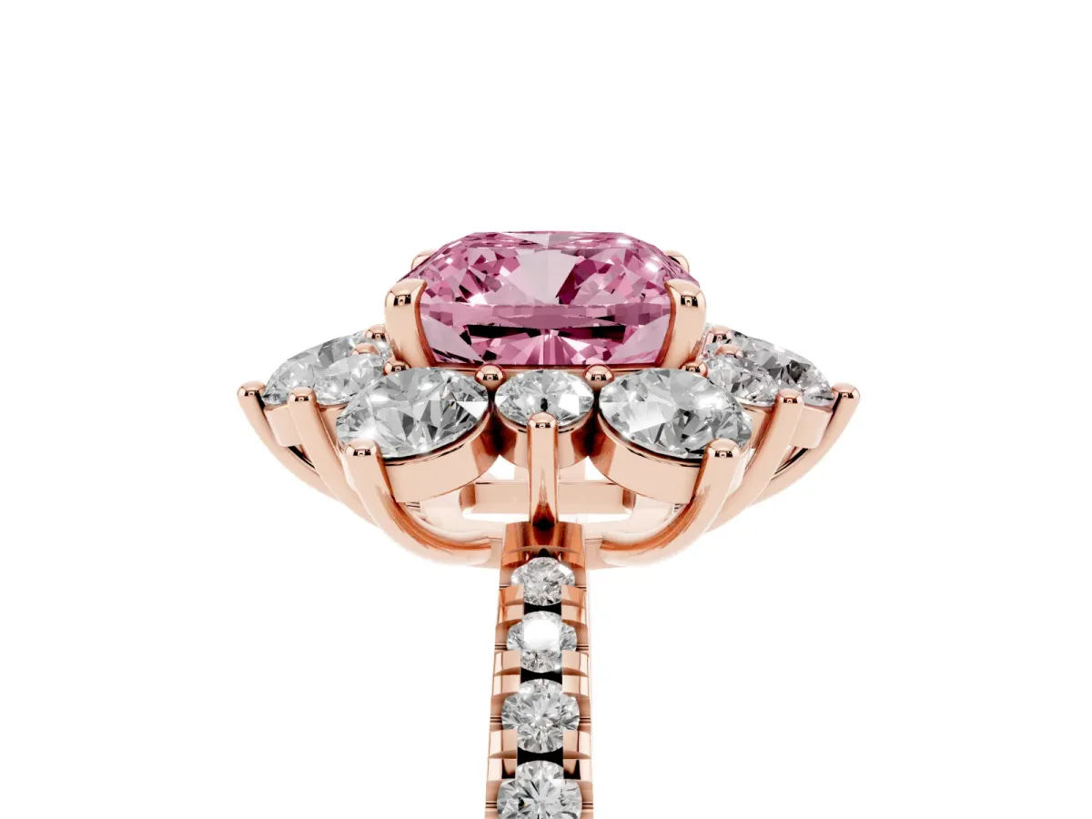 Fancy Pink Cushion Cut Diamond Floral Halo Ring with Round Pavé Band and Prong Setting Rose gold