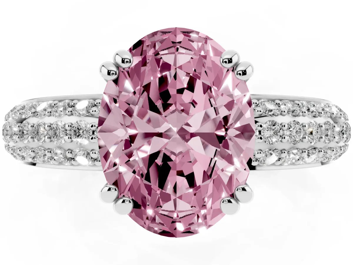 Fancy Pink Oval Cut Diamond Solitaire Ring with Multi-Row Round Pavé Band and Prong Setting Silver