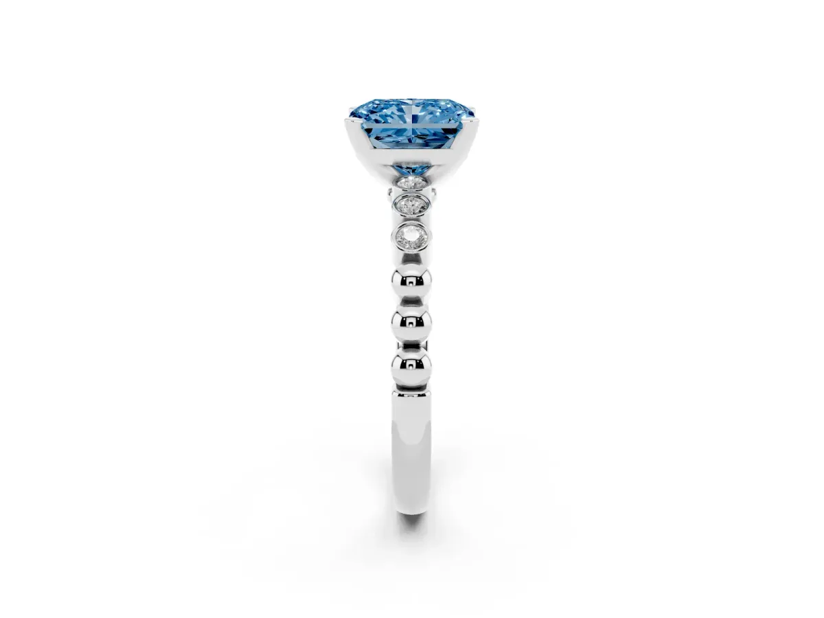 Fancy Blue Radiant Cut Solitaire Bezel Accent Diamond Engagement Ring with Beaded Band and Four-Prong Setting Platinum