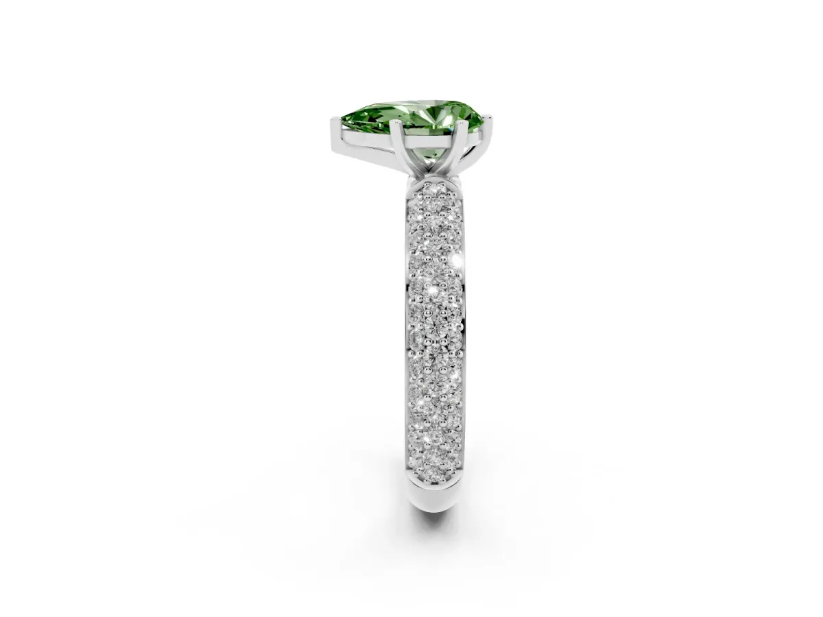 Fancy Green Pear Cut Diamond Solitaire Ring with Prong Setting and Pavé Band Silver