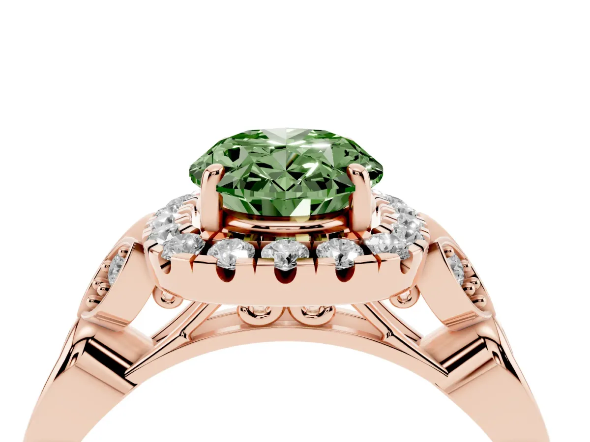 Fancy Green Oval Cut Halo Diamond Engagement Ring with Vintage-Inspired Band and Four-Prong Setting Rose gold