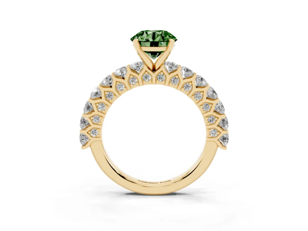 Fancy Green Round Cut Diamond Solitaire Ring with Shared Prong Pavé Band and Four-Prong Setting Yellow gold
