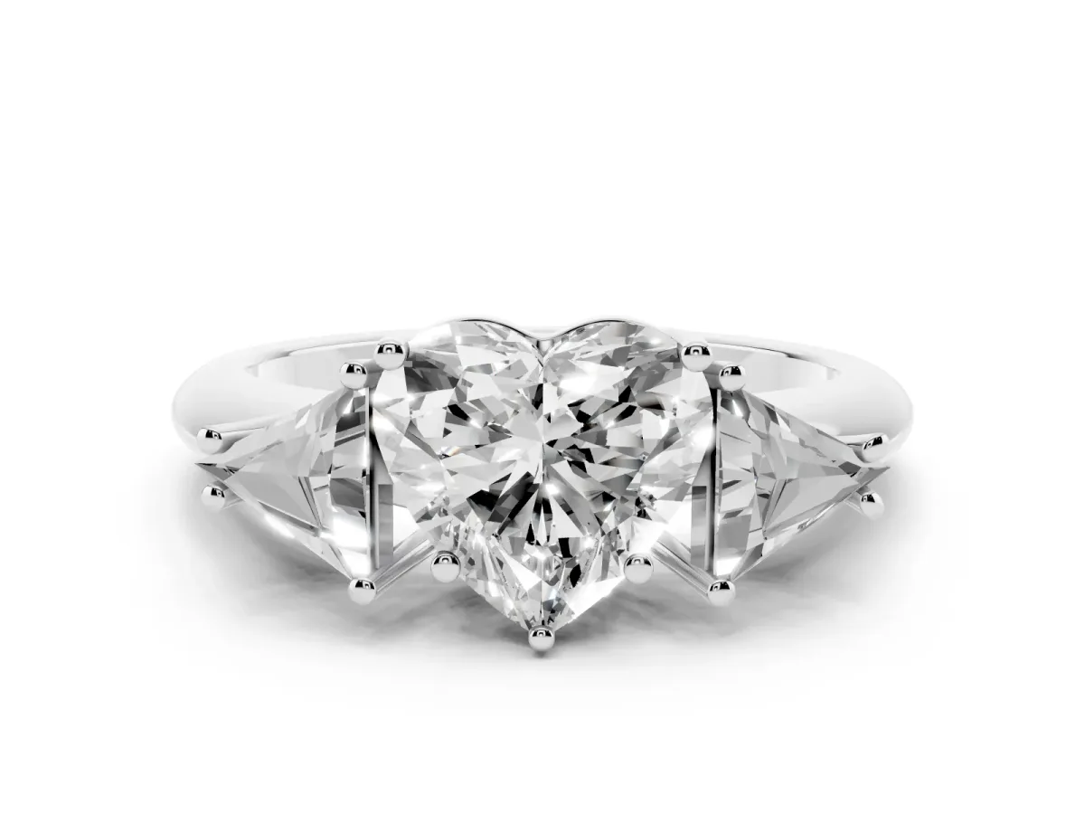 Three-Stone Heart Cut Diamond Engagement Ring with Trillion Side Stones and Prong Setting Silver