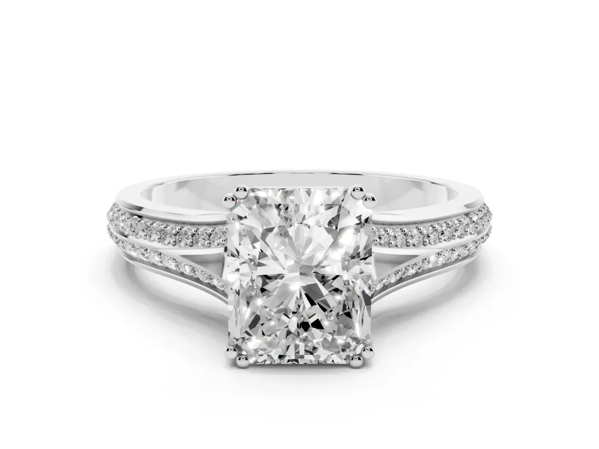 Radiant Cut Diamond Split Shank Engagement Ring with Pavé Band White gold