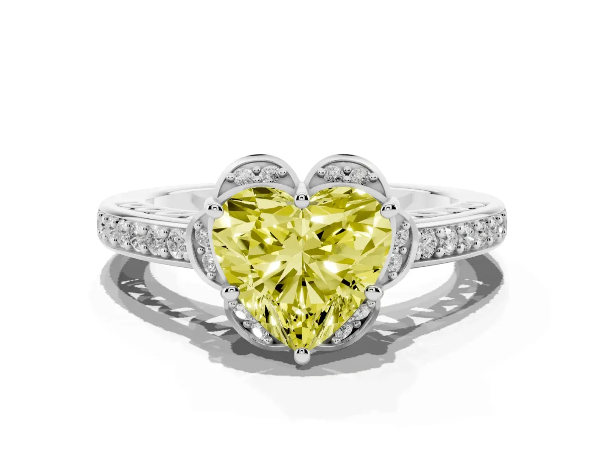 Fancy Yellow Heart Cut Cut Halo Diamond Ring with Channel Set Band and Four-Prong Setting White gold