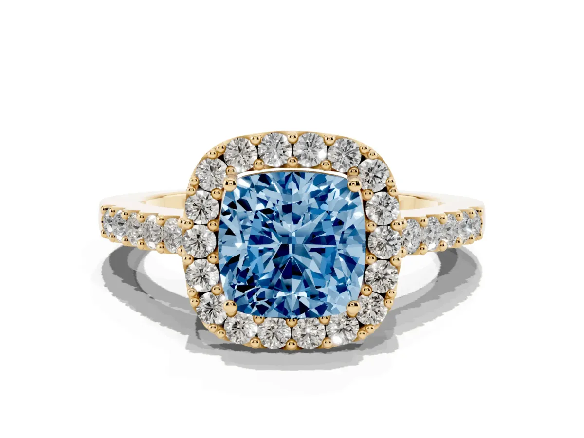Fancy Blue Cushion Cut Halo Diamond Pavé Solitaire Ring Yellow gold