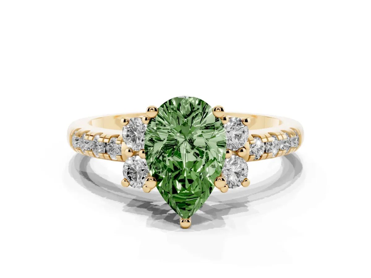 Fancy Green Pear Cut Diamond Three-Stone Pave Band with Four-Prong Setting Yellow gold
