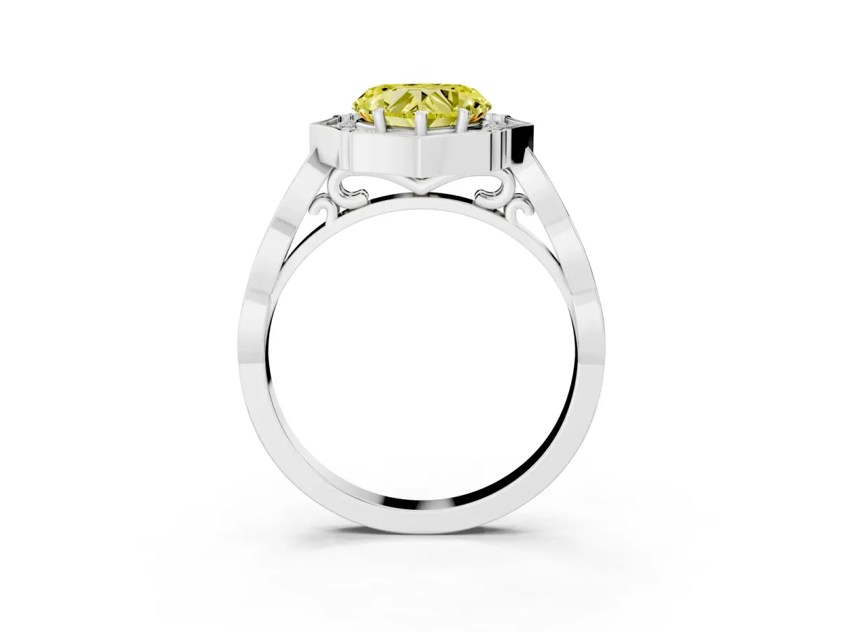 Fancy Yellow Heart Cut Halo Diamond Engagement Ring with Milgrain Band and Four-Prong Setting Platinum