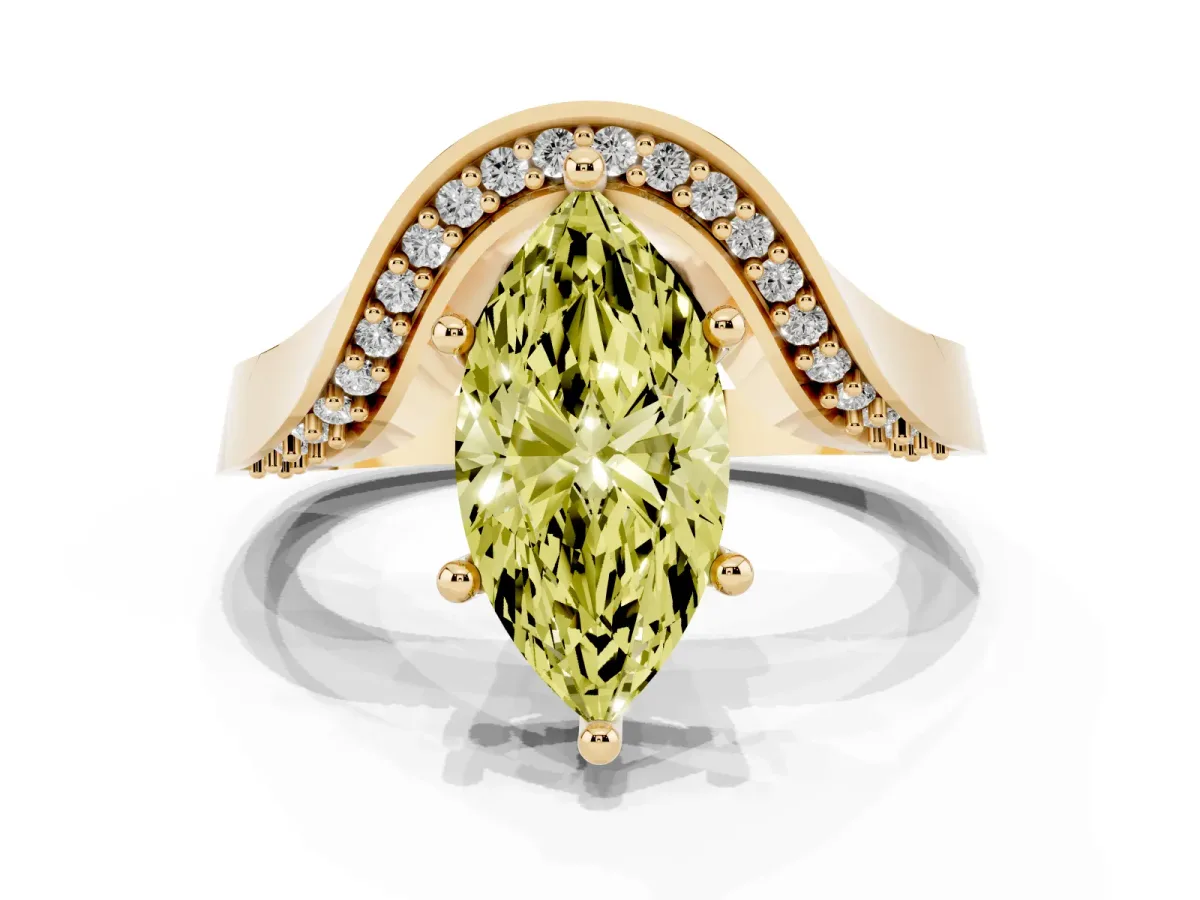 Fancy Yellow Marquise Cut Solitaire Diamond Engagement Ring with Pave Band and Four-Prong Setting Yellow gold