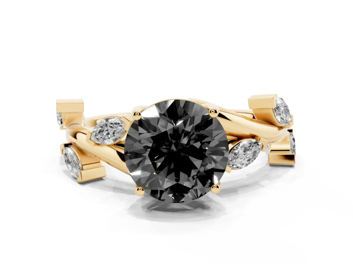 Fancy Black Round Cut Solitaire Twisted Band Marquise Accent Prong Setting Ring Yellow gold