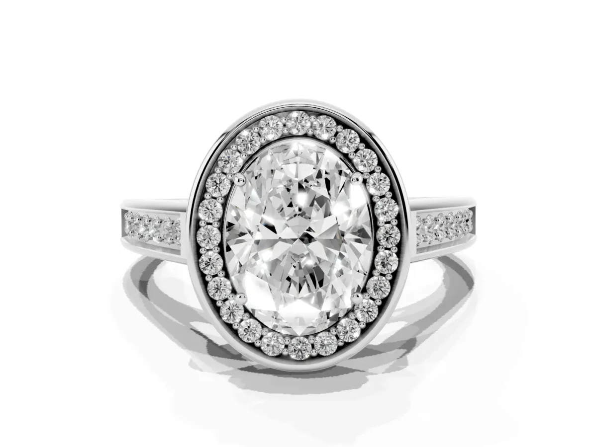 Oval Cut Halo Solitaire Diamond Ring with Pave Band and Bezel Setting Silver