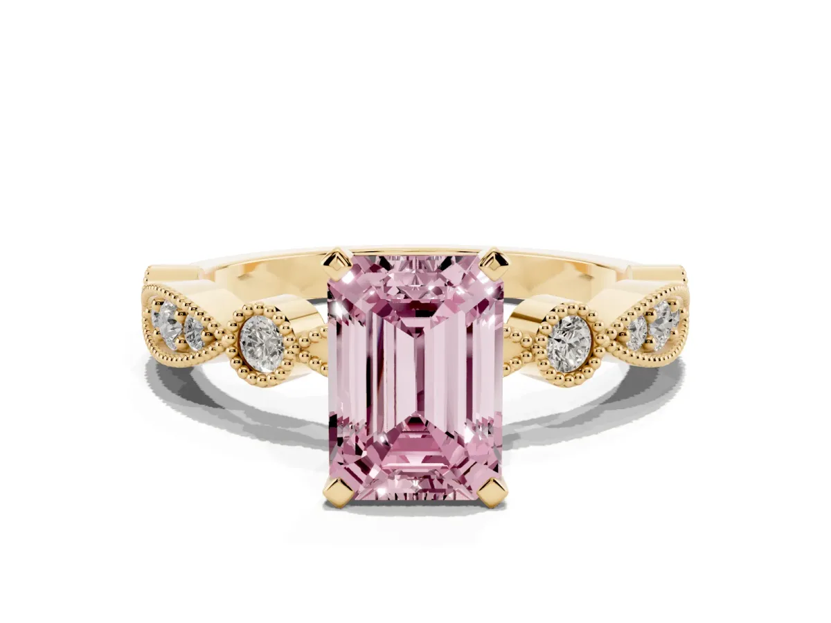 Fancy Pink Emerald Cut Milgrain Bezel Diamond Engagement Ring with Solitaire Prong Setting Yellow gold