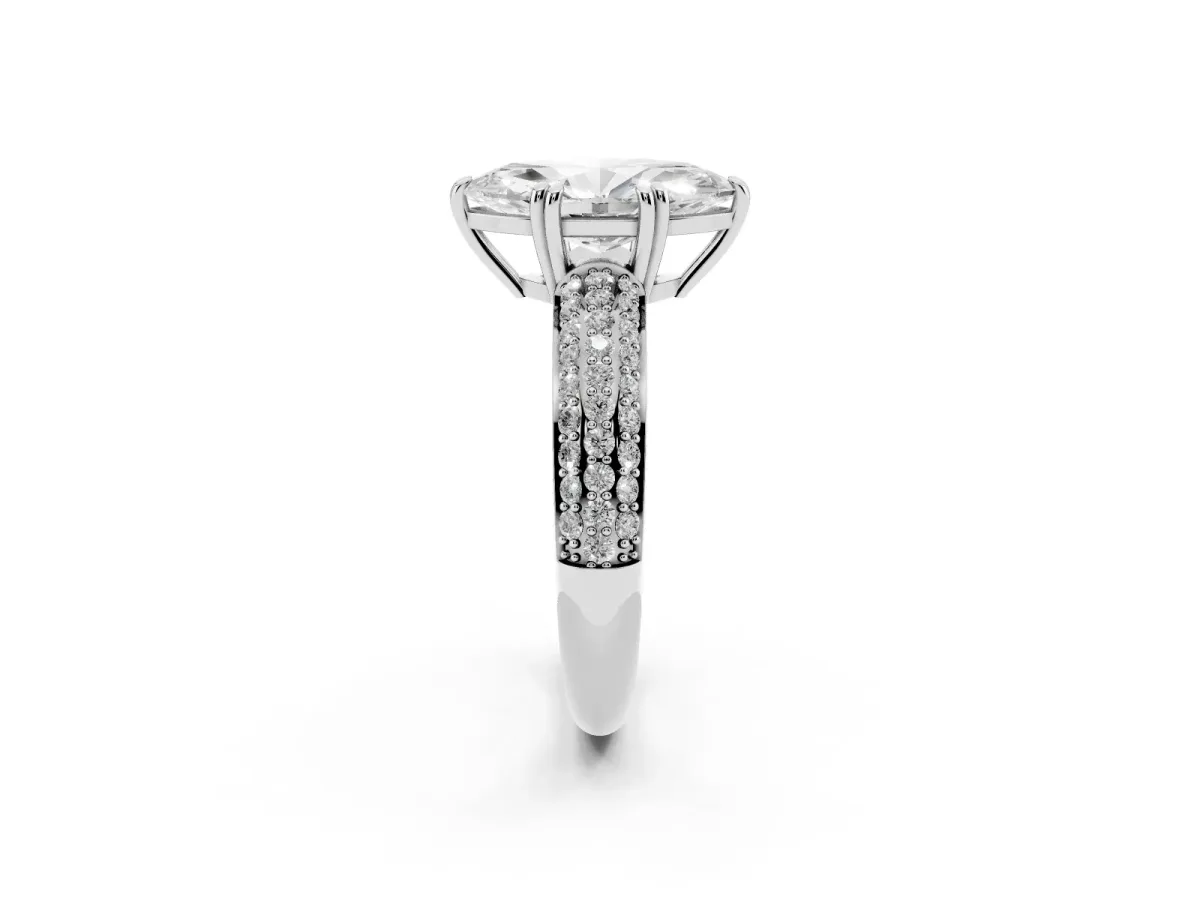 Marquise Cut Diamond Solitaire Ring with Multi-Row Round Pavé Band and Prong Setting Silver