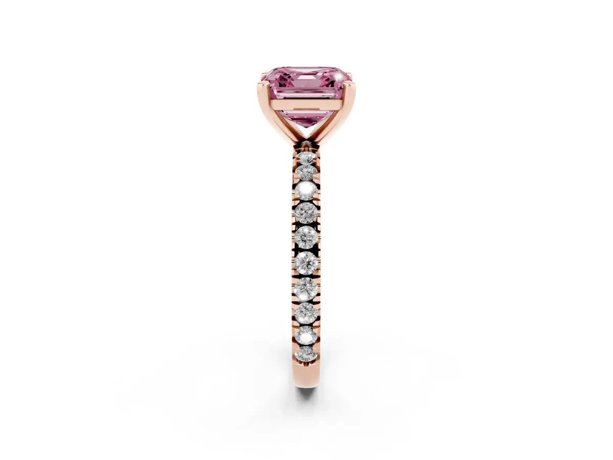 Fancy Pink Asscher Cut Diamond Pavé Band Solitaire with Four-Prong Setting Rose gold